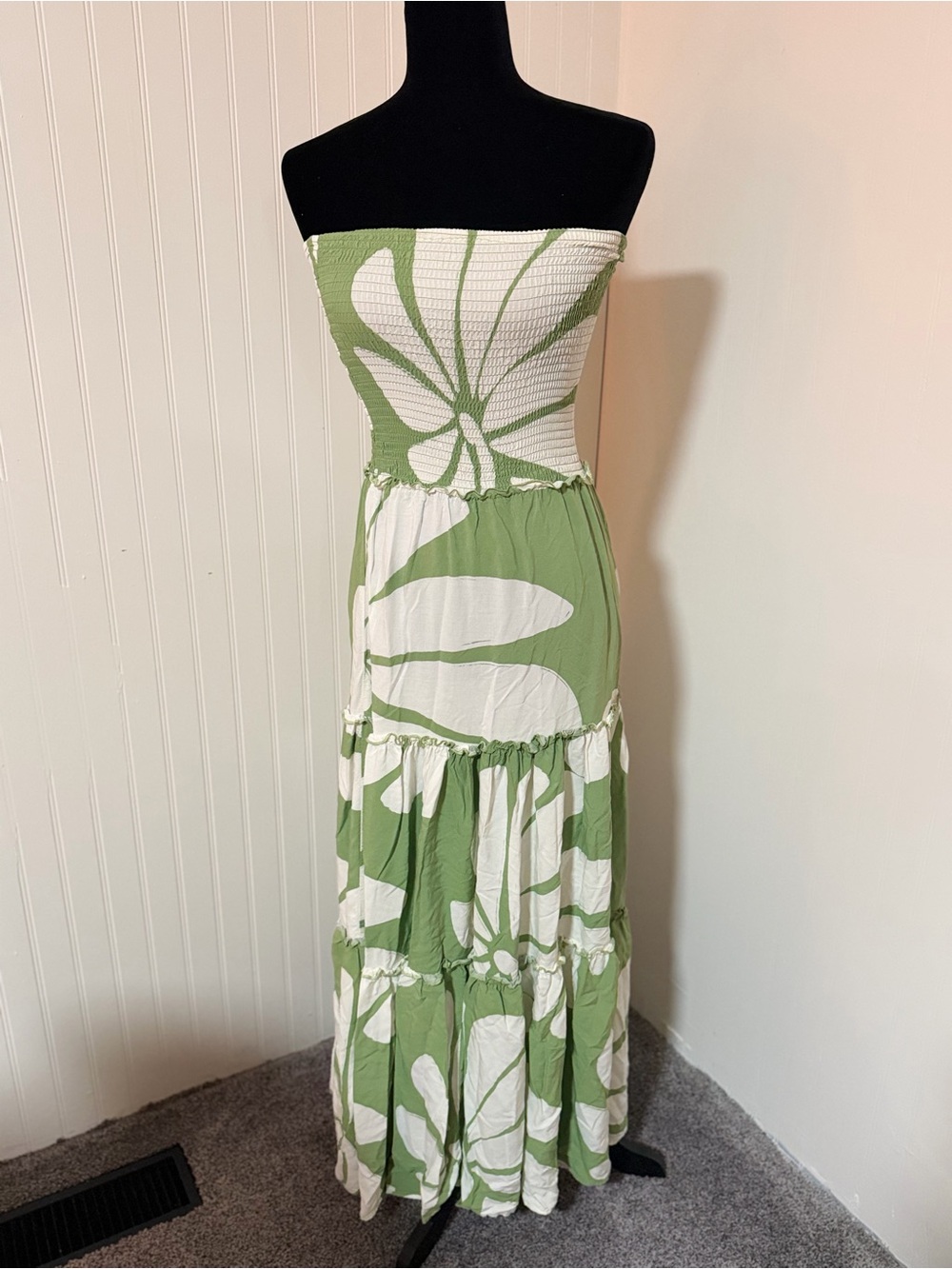 Strapless Green & White Floral Maxi Dress
